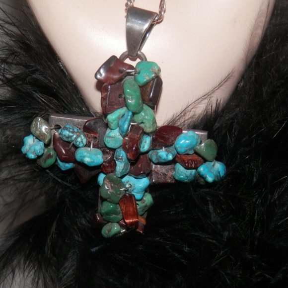 Sterling SilverTurquoise/Amber Chip Cross Pendant - Picture 3 of 4